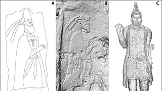 A) Merquly rock-relief; B) Rabana rock-relief; C) statue from Hatra of King ʾtlw/Attalos of Adiabene