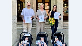 Anis Ferchichi, Bezirksstadträtin für Bildung, Kultur und Sport Cerstin Richter-Kotowski, Anna-Maria Ferchichi und die drei Patenkinder Leonora, Naima und Amaya