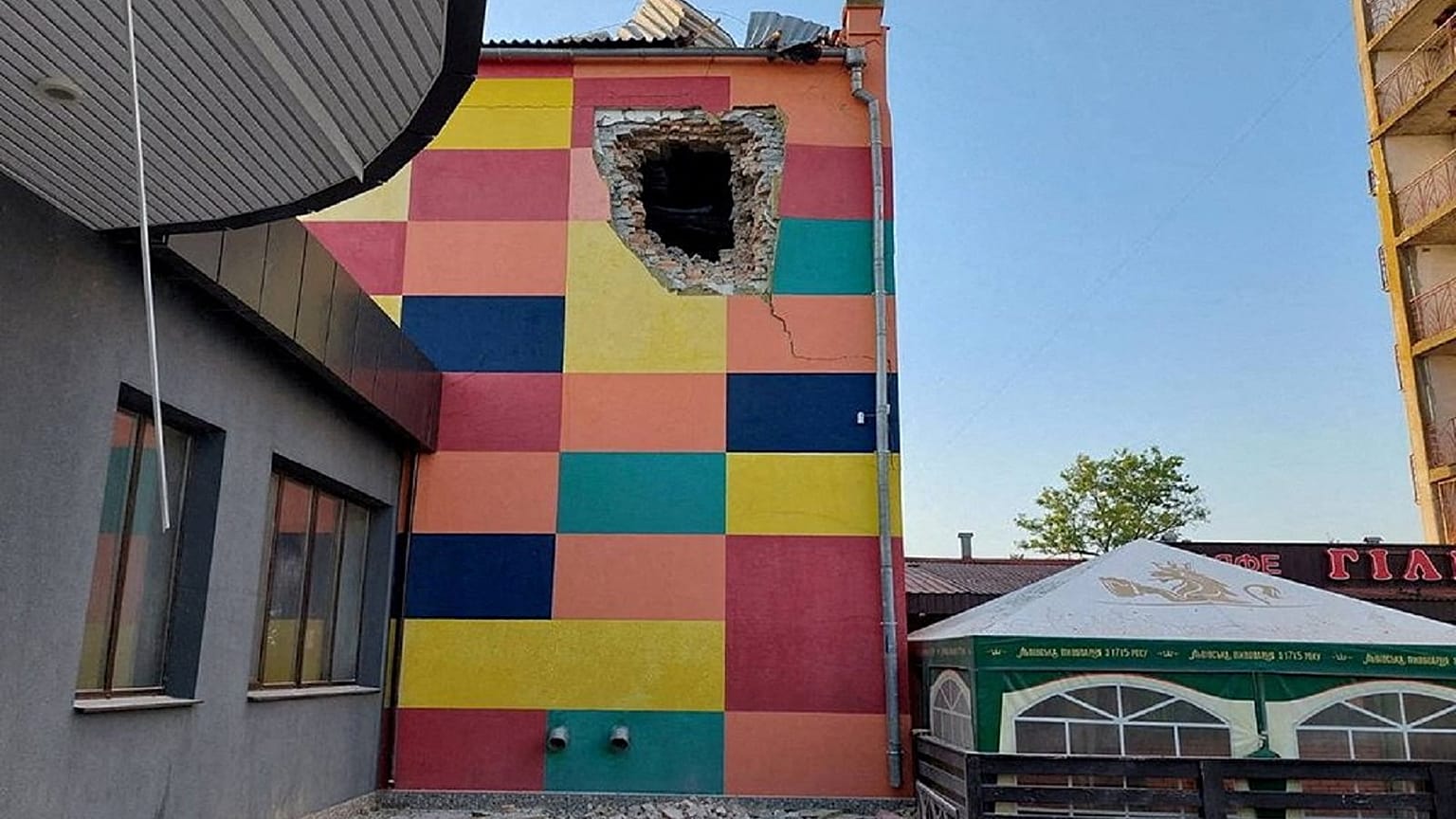 A building destroyed by shelling is seen in Ochakiv, Ukraine, in this handout picture obtained by Reuters on June 28, 2022.