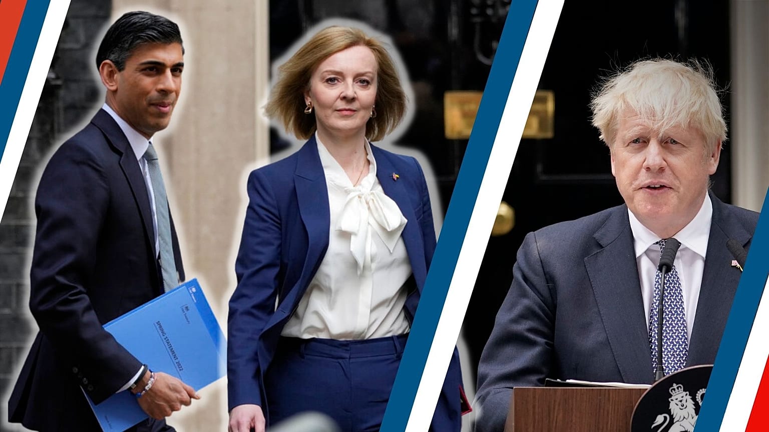 À gauche, Rishi Sunak, au centre, Liz Truss. À droite Boris Johnson