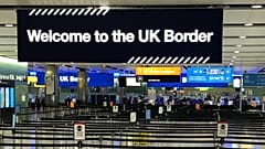 A UK border sign welcomes passengers on arrival at Heathrow airport in west London.