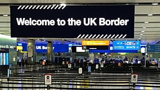 A UK border sign welcomes passengers on arrival at Heathrow airport in west London.