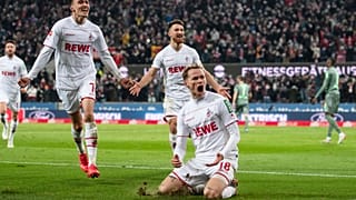 Cologne's Dejan Ljubicic, Salih Ozcan, and scorer Ondrej Duda celebrate a goal during a match between FC Cologne and Borussia Moenchengladbach Saturday, Nov 27, 2021.