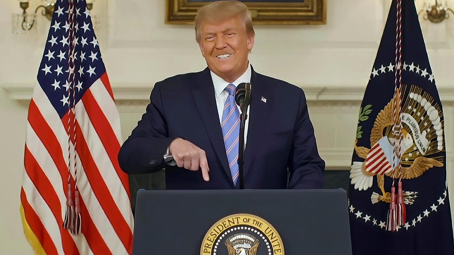 This exhibit from video released by the House Select Committee, shows President Donald Trump recording a video statement at the White House on Jan. 7, 2021, 