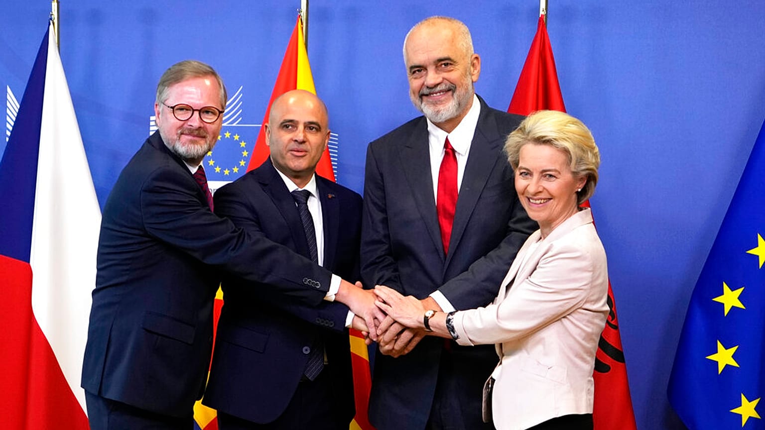 European Commission President Ursula von der Leyen, Albanian PM Edi Rama, North Macedonia's PM Dimitar Kovacevski and Czech Republic's PM Petr Fiala in Brussels.