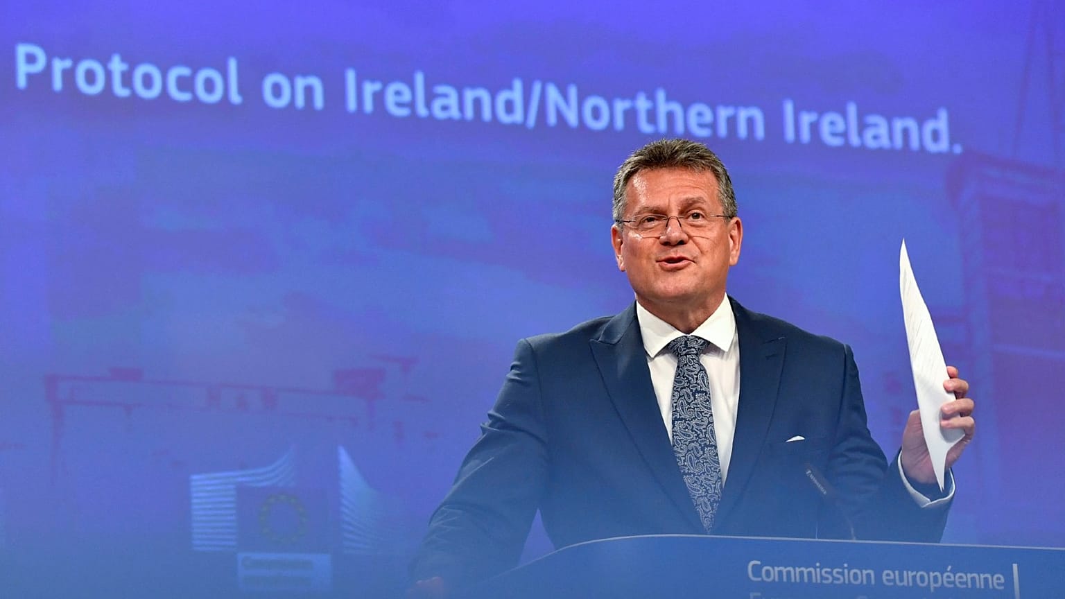 European Commissioner for Inter-institutional Relations and Foresight Maros Sefcovic during a media conference at EU headquarters in Brussels,  June 15, 2022. 