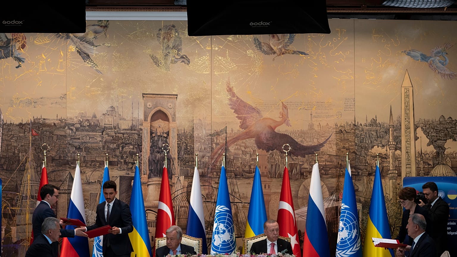 Turkish President Recep Tayyip Erdogan and U.N. Secretary General Antonio Guterres lead a signing ceremony at Dolmabahce Palace in Istanbul, Turkey, Friday, July 22, 2022.