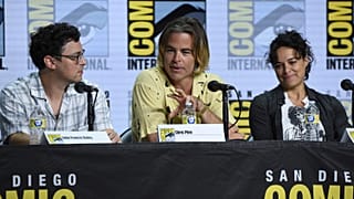 John Francis Daley, from left, Chris Pine and Michelle Rodriguez attend a panel for "Dungeons and Dragons: Honor Among Thieves" on day one of Comic-Con