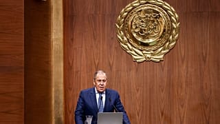 In this handout photo released by Russian Foreign Ministry Press Service, Russian Foreign Minister Sergey Lavrov addresses the Arab League in Cairo, Egypt, 24 July, 2022.