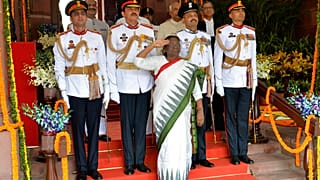 La nouvelle présidente de l'Inde, Draupadi Murmu, lors de sa cérémonie de prestation de serment à New Delhi, en Inde, lundi 25 juillet 2022.