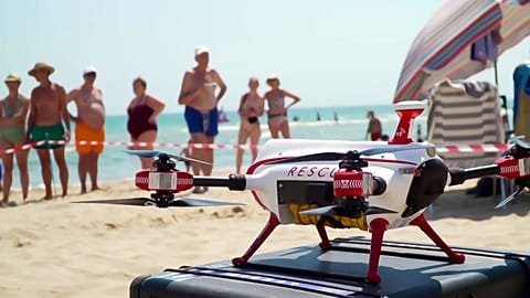 Image shows a 'lifeguard' drone on a beach in Spain.