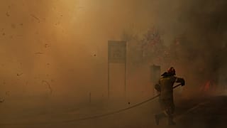 Un bombero intenta extinguir las llamas durante un incendio forestal cerca de la ciudad de Megara, al oeste de Atenas, Grecia, 20 de julio de 2022.