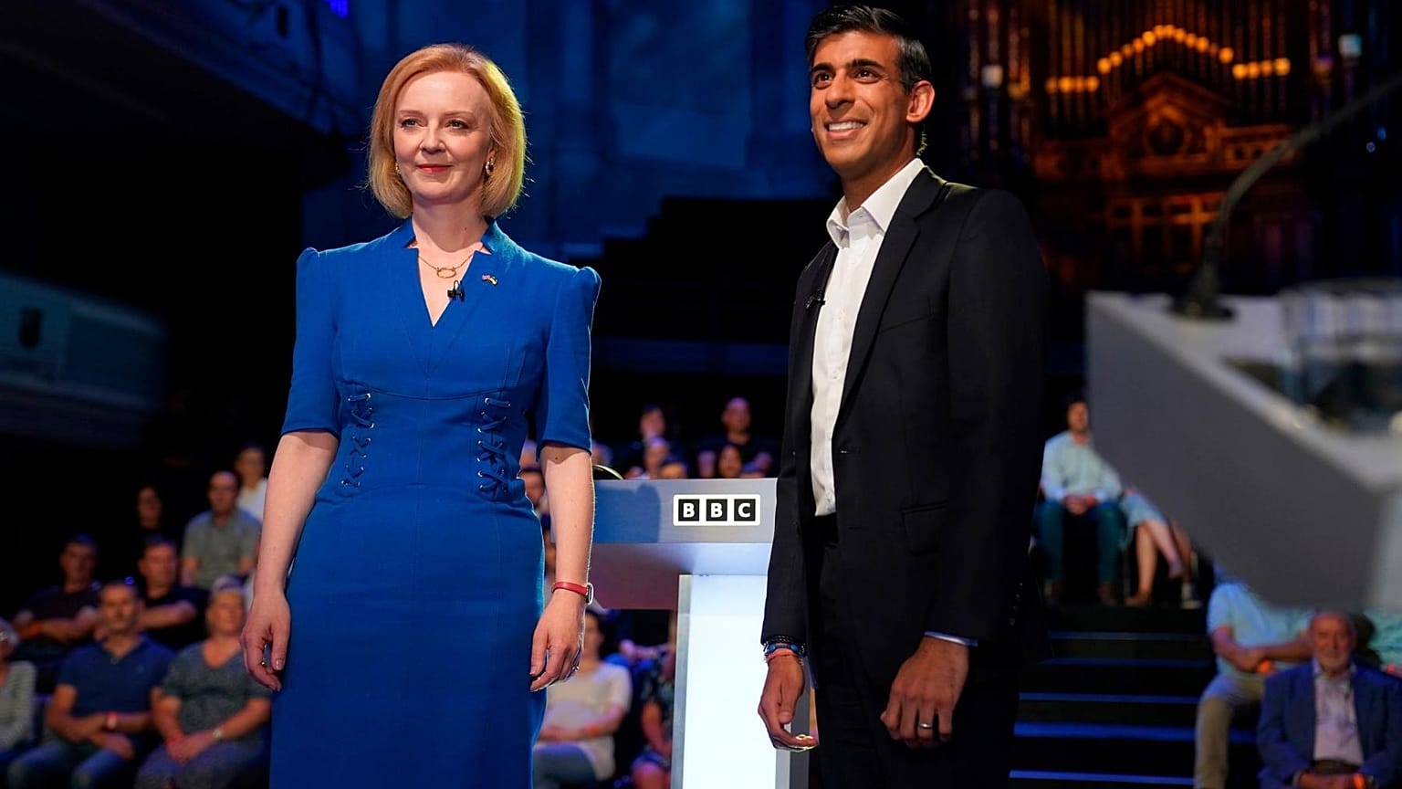 Liz Truss and Rishi Sunak before taking part in the BBC Conservative Party leadership debate in Stoke-on-Trent, England, Monday July 25, 2022.