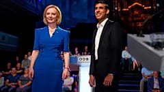 Liz Truss and Rishi Sunak before taking part in the BBC Conservative Party leadership debate in Stoke-on-Trent, England, Monday July 25, 2022.