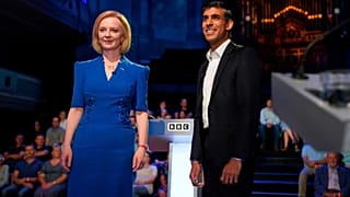 Liz Truss and Rishi Sunak before taking part in the BBC Conservative Party leadership debate in Stoke-on-Trent, England, Monday July 25, 2022.