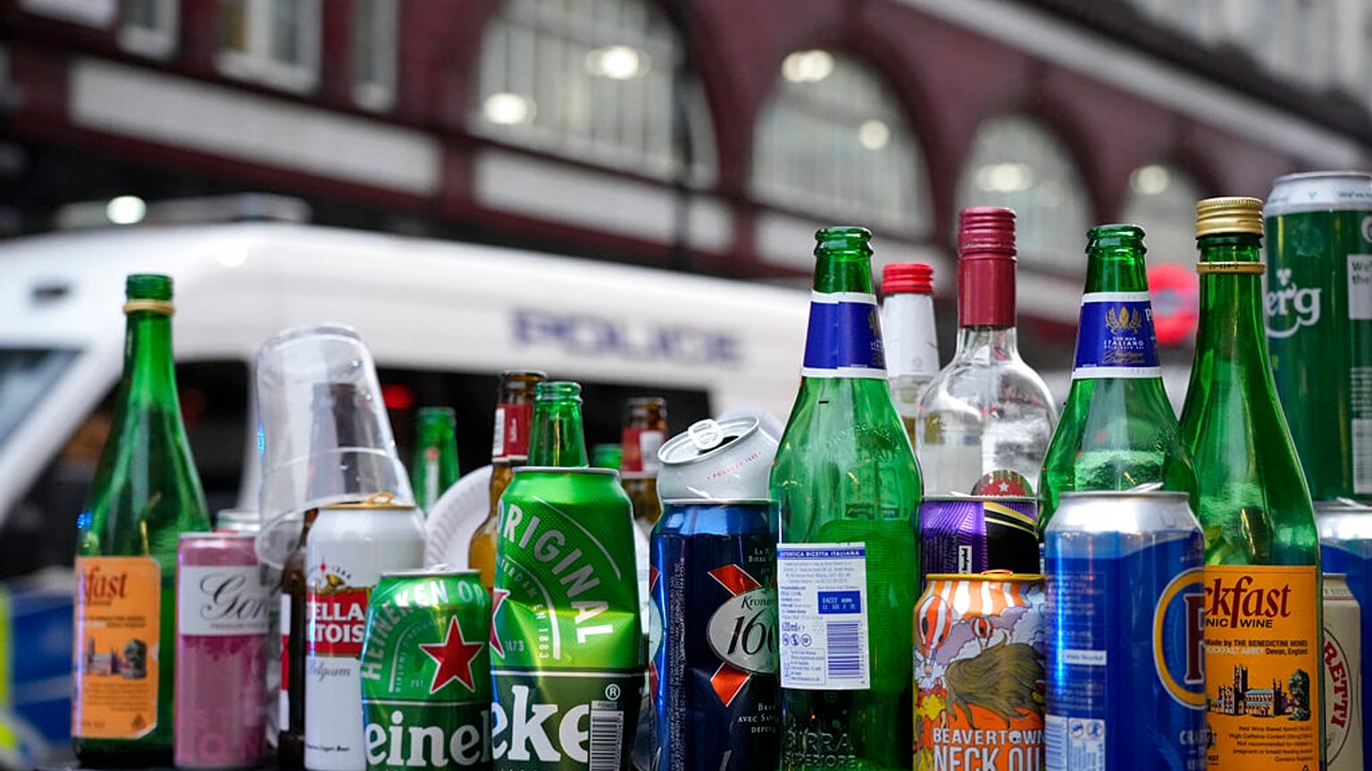 Empty bottles and cans of alcohol left behind by partying Scotland fans in Leicester Square in London, Friday, June 18, 2021 prior to the Euro 2020 Group D match.