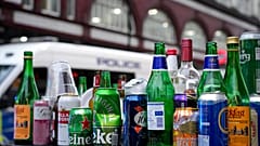 Empty bottles and cans of alcohol left behind by partying Scotland fans in Leicester Square in London, June 18, 2021.