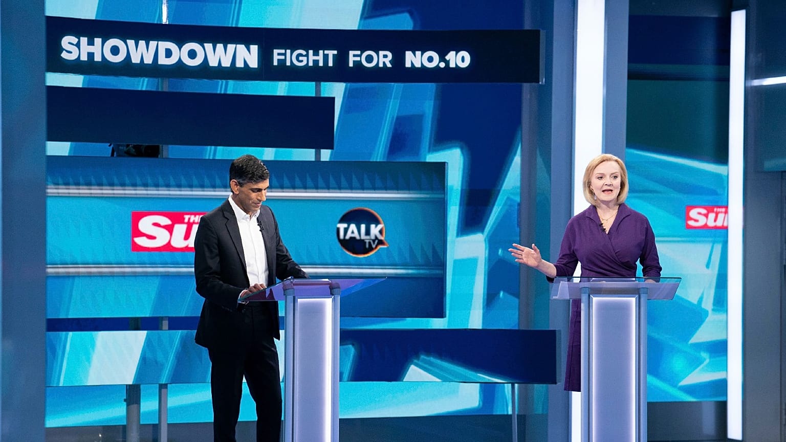 Liz Truss, right, and Rishi Sunak during The Sun's Showdown: The Fight for No10, at TalkTV's Ealing Studios on July 26, 2022.