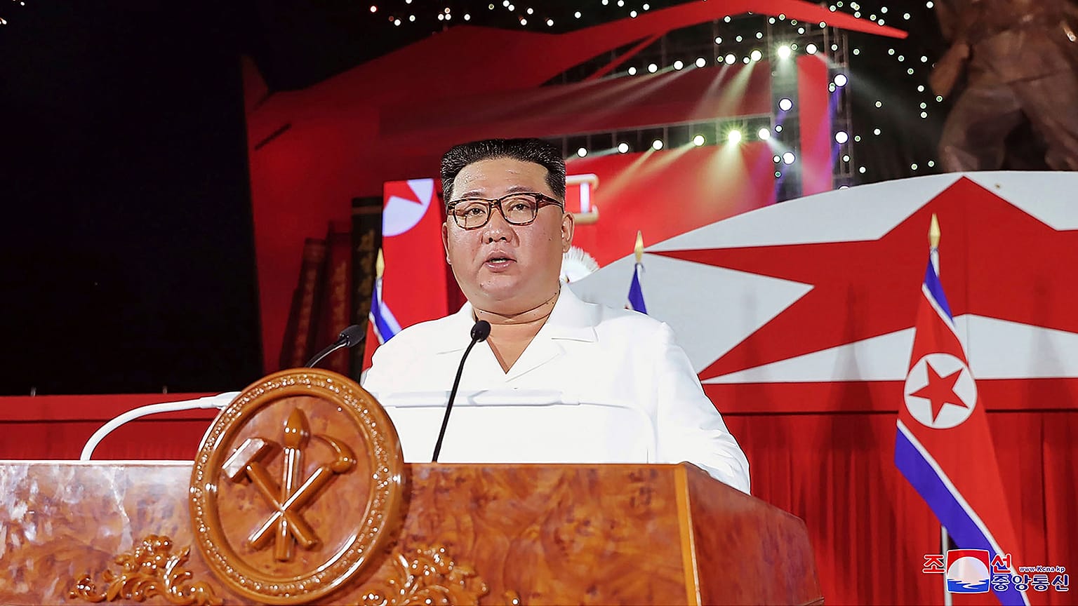 North Korean leader Kim Jong Un gives a speech in Pyongyang on 27 July 2022