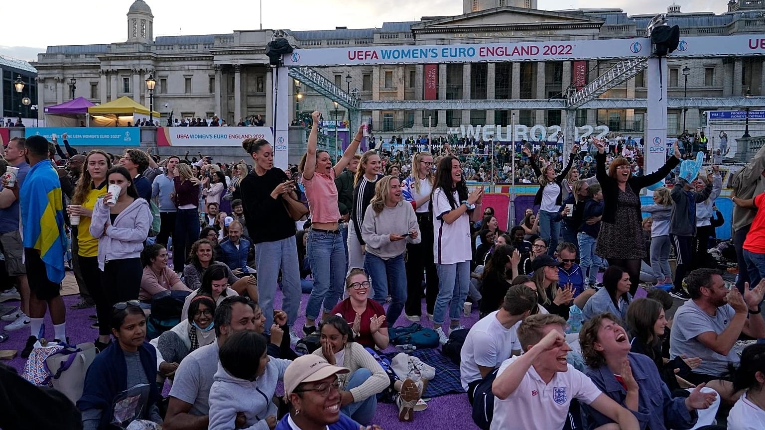 FILE - England supporters at a Euro 2022 Fan Zone in Trafalgar Square, London