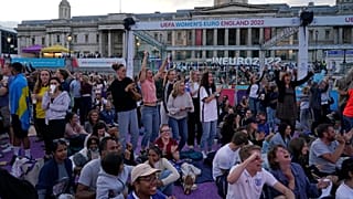 FILE - England supporters at a Euro 2022 Fan Zone in Trafalgar Square, London