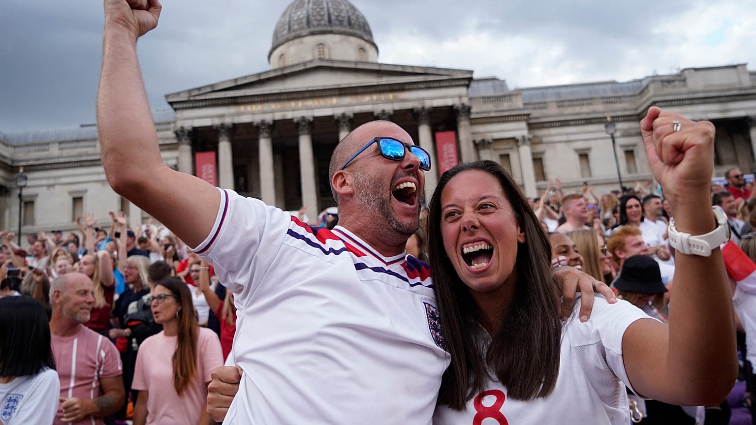 Supporters react to England's win in Trafalgar Square