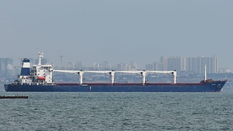 The bulk carrier Razoni starts its way from the port in Odesa, Ukraine, Monday, Aug. 1, 2022.