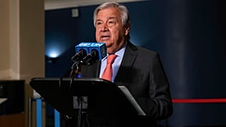 United Nations Secretary-General Antonio Guterres makes remarks before the 2022 Nuclear Non-Proliferation Treaty (NPT) review conference at the UN, 1 August, 2022.