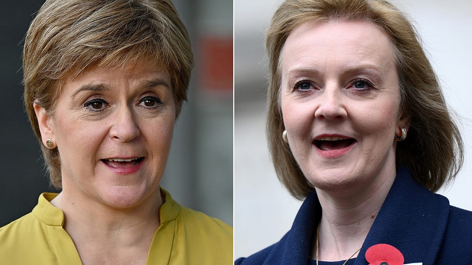 This combination of pictures shows Scotland's First Minister Nicola Sturgeon (L) on August 9, 2021, and UK Foreign Secretary Liz Truss on April 25, 2022. 