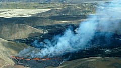 aerial shot of activity from the Fagradalsfjall volcano in Iceland on Wednesday Aug. 3, 2022, which is located 32k, southwest of the capital Reykjavik