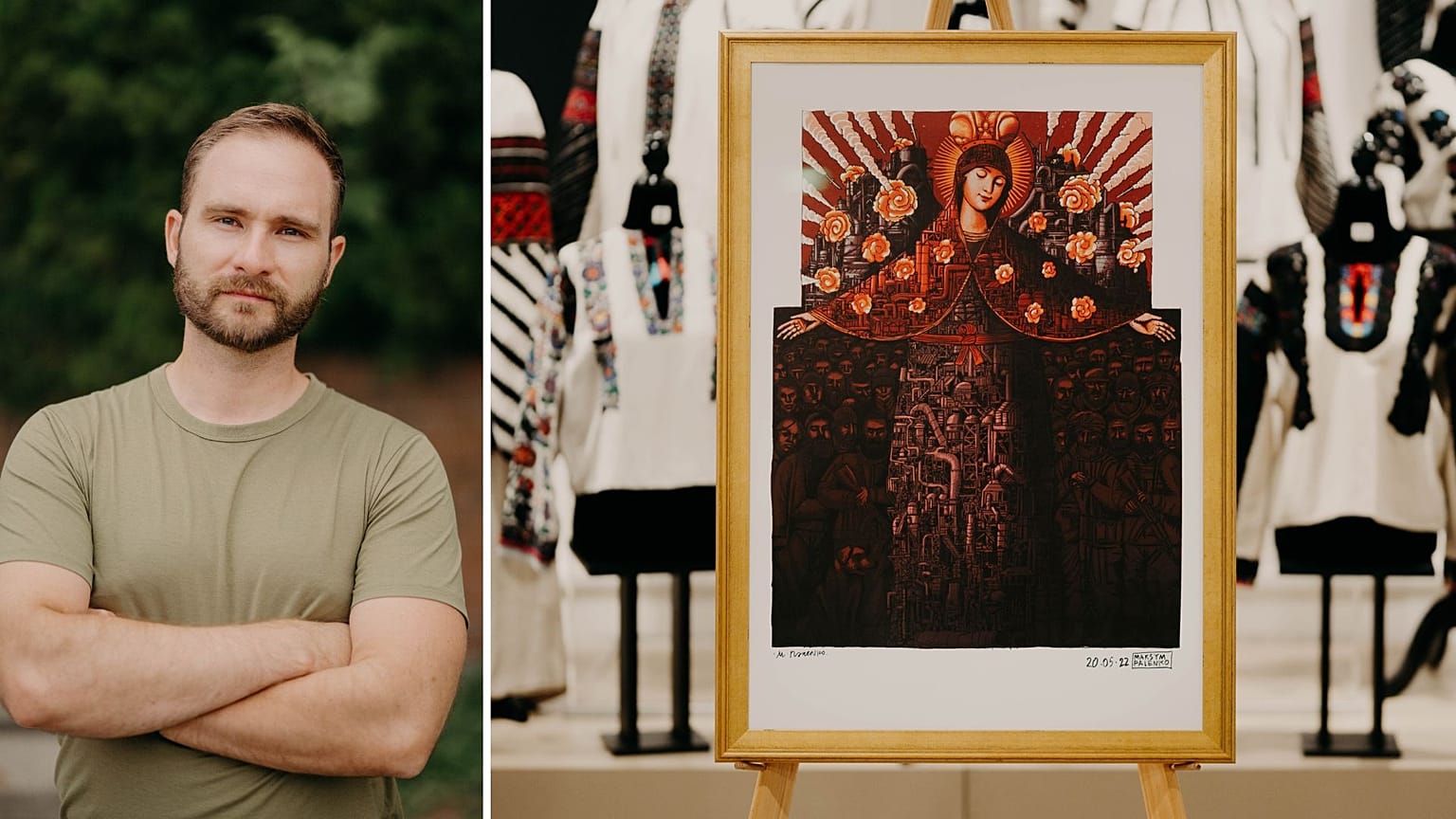 Christian Borys (L) and a special edition of 'Our Lady of Mariupol' artwork created by Maksym Palenko 