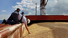 Trabajador depositando el grano ucraniano en uno de los tres buques que zarparán desde puertos de Ucrania, este viernes