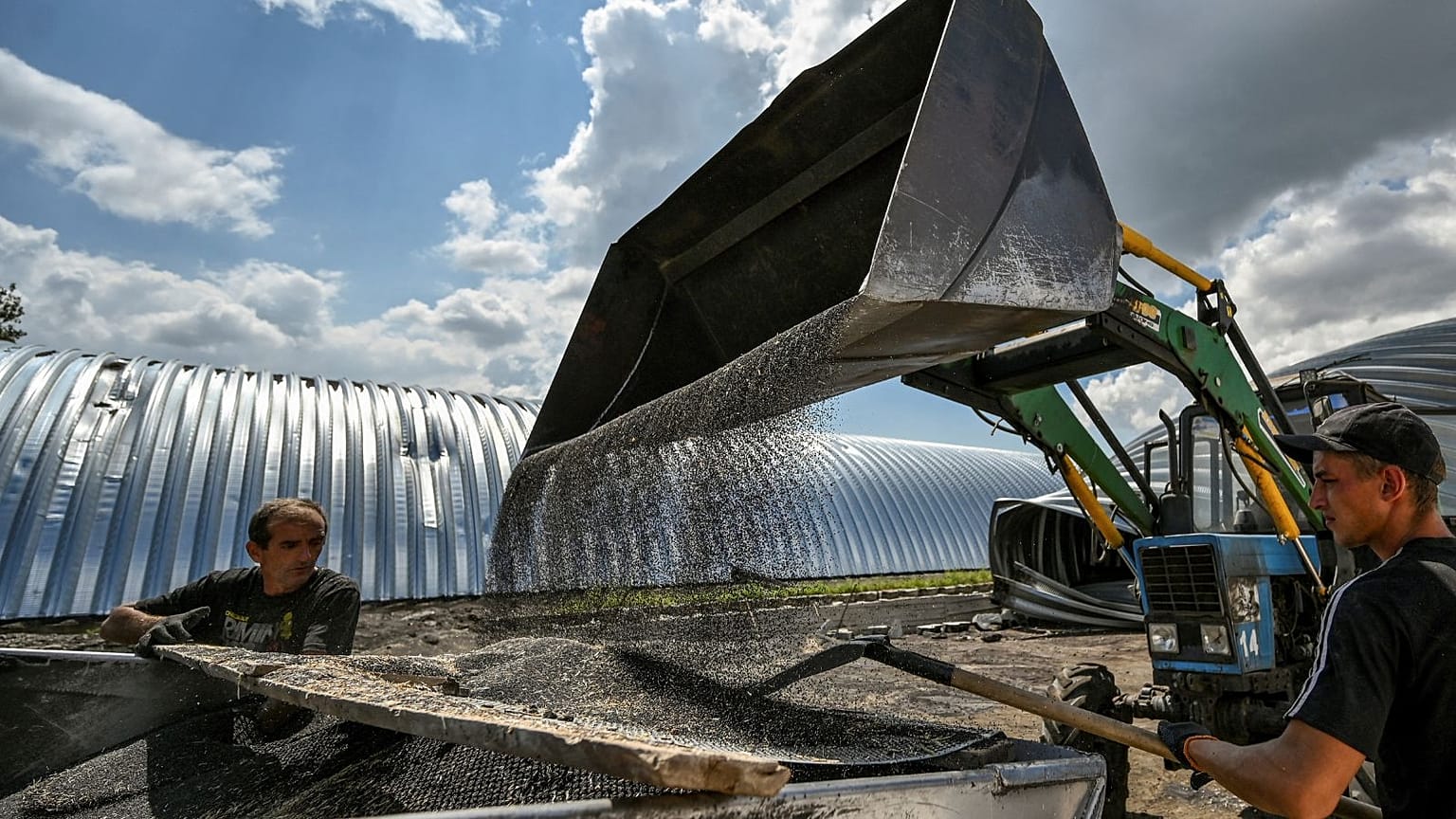 Worker separate rapeseed seeds from the debris of a storage destroyed by a Russian military strike, July 27.