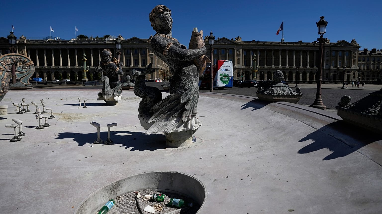 The fountains of Concorde plaza are empty in Paris, France, as Europe is under an extreme heat wave, Aug. 3, 2022.