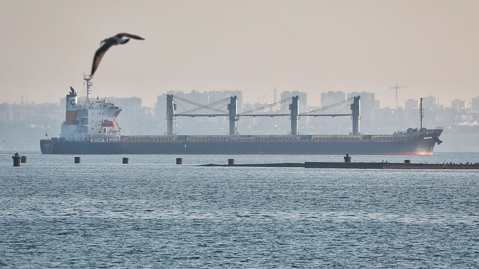 The ship Navi-Star carrying a load of corn starts its way from the port in Odesa, Ukraine, Friday Aug. 5, 2022. 