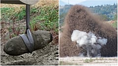 The bomb, left, and it being safely detonated, right