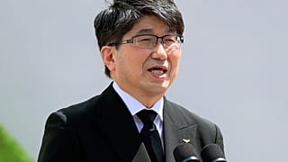 Nagasaki Mayor Tomihisa Taue delivers a speech during a ceremony at Nagasaki Peace Park in Nagasaki, southern Japan Monday, Aug. 9, 2021