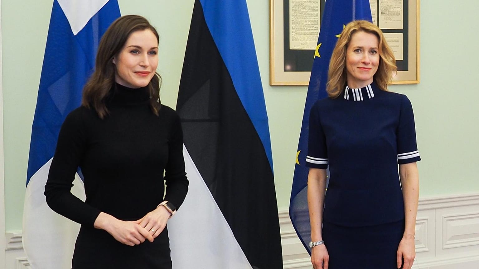FILE - Finnish PM Sanna Marin (L) & Estonian PM Kaja Kallas (R) meet in Tallinn, 7 March 2022