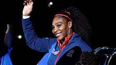 Serena Williams waves before a Fed Cup qualifying tennis match in February 2020.