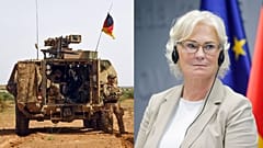A g. : Soldats allemands déployés au Mali, le 02/08/2018 // A dr. : la ministre allemande de la Défense, le 05/05/2022