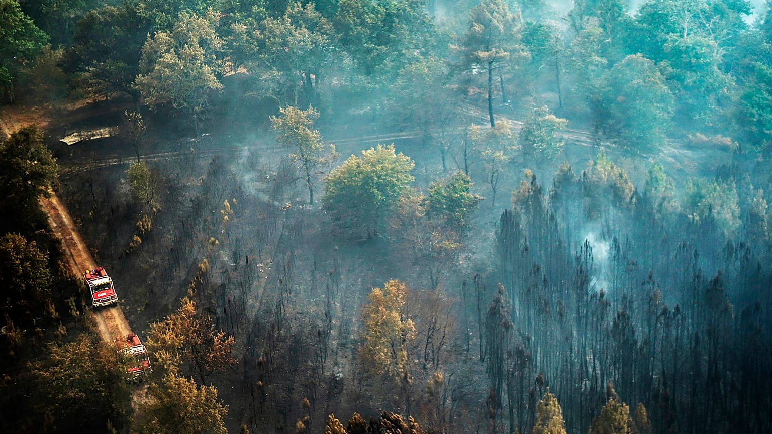 Firefighters on a track next to the smoldering remains of a blaze near Saint-Magne, southwestern France