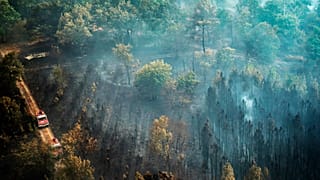 Firefighters on a track next to the smoldering remains of a blaze near Saint-Magne, southwestern France