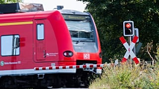 A commuter train passes a level crossing. Regional trains are included as part of Germany's €9 pass, which has boosted rail travel