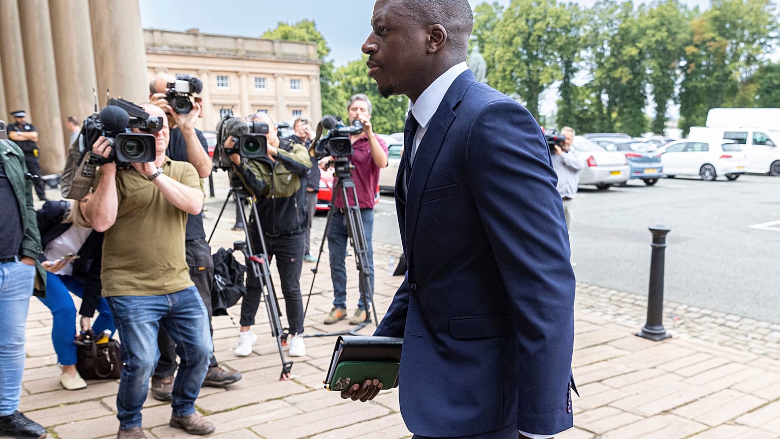 Manchester City footballer Benjamin Mendy arrives at Chester Crown Court in Chester, England
