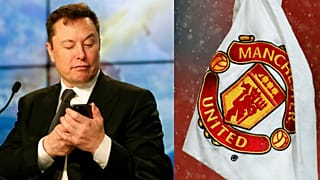 A g. : Elon Musk le 18/01/2020 - A dr. : Logo du club anglais de Manchester United le 12/12/2020