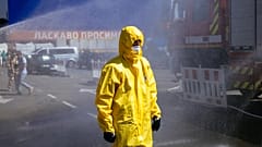 A Ukrainian Emergency Ministry rescuer attends an exercise in the city of Zaporizhzhia on August 17, 2022, in case of a possible nuclear incident at the nearby nuclear plant.