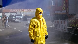 A Ukrainian Emergency Ministry rescuer attends an exercise in the city of Zaporizhzhia on August 17, 2022, in case of a possible nuclear incident at the nearby nuclear plant.