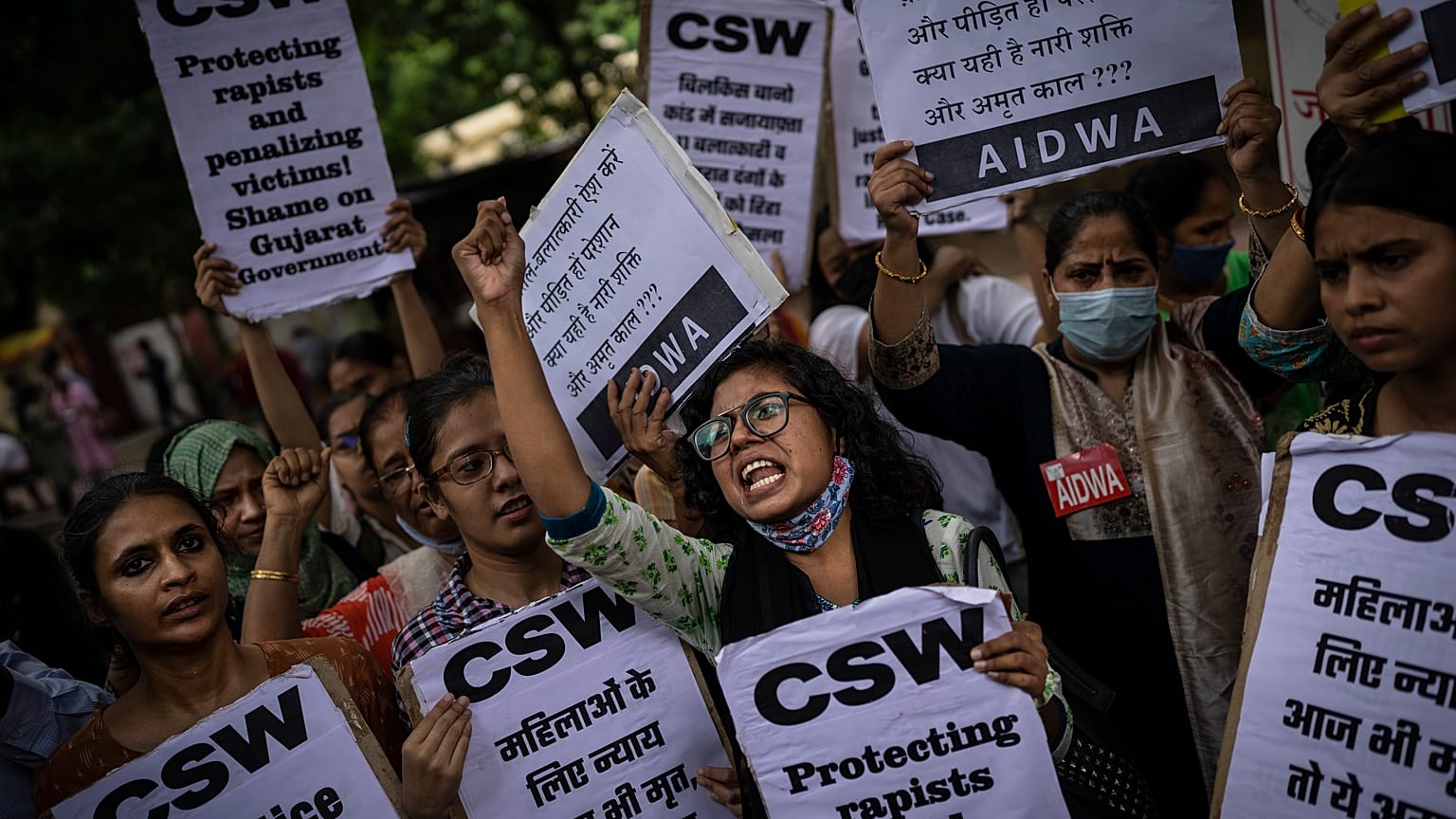 Activists protest in New Delhi, India against the release convicts of a gang rape, Thursday, 18 August, 2022. 