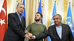 Ukraine's Volodymyr Zelenskyy, Turkish President Recep Tayyip Erdogan, and UN Secretary General Antonio Guterres shake hands after their meeting in Lviv on 18 August