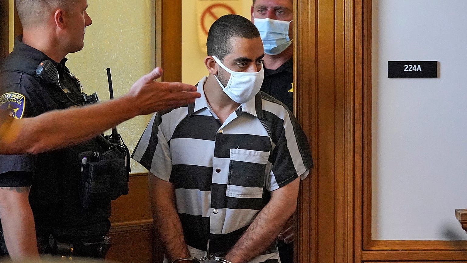 Hadi Matar arrives for an arraignment in the Chautauqua County Courthouse on 18 August 2022